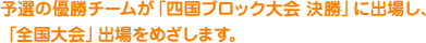予選の優勝チームが「四国ブロック大会 決勝」に出場し、「全国大会」出場をめざします。