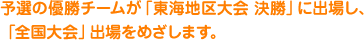 予選の優勝チームが「東海地区大会 決勝」に出場し、「全国大会」出場をめざします。
